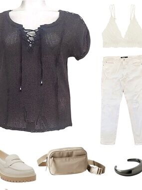 🩶 Free People Charcoal Open Knit Lace-Up Top | Cutout Shoulders & Contrast |Sz S